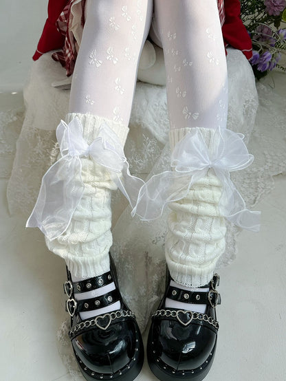 Schwarz/Weiße Lolita-Beinwärmer mit Organza-Schleife