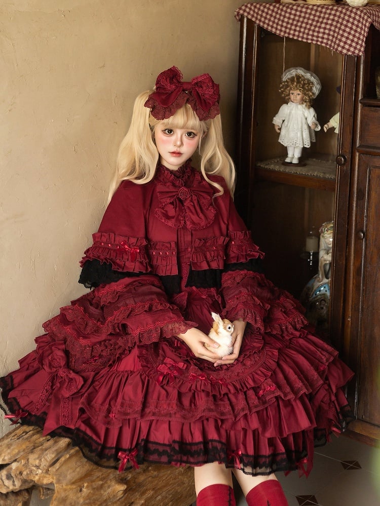 and Red Wine Beige Ruffle / Blue Accent Lace Cape Pink