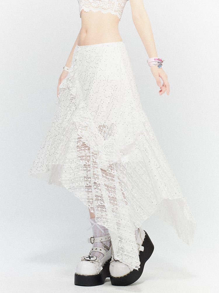 White Hem Skirt with Lace Tiered Sequin Details Asymmetric