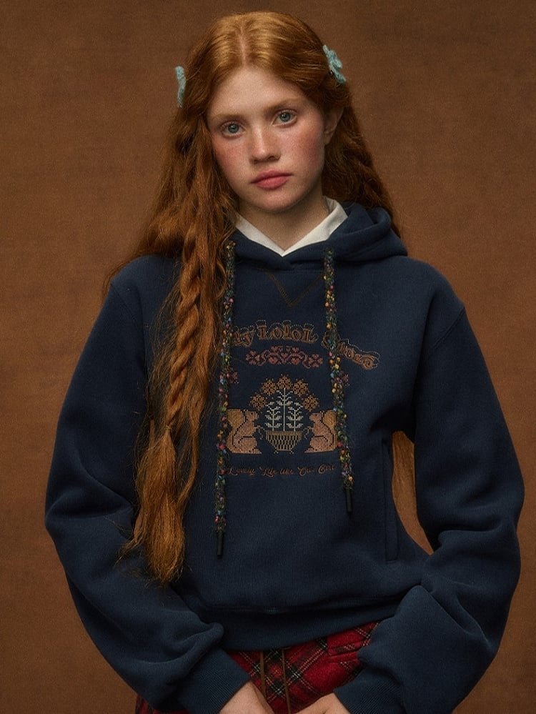 Squirrel Hoodie - Embroidery Blue with Navy Vintage Preppy Style