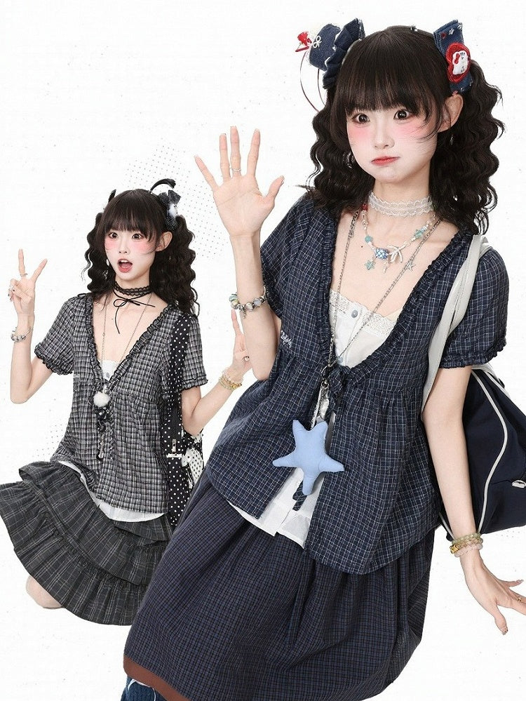 Gray Plaid V Neck Short Sleeve Top - Languid Park