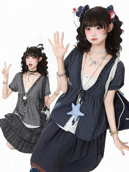 Gray Plaid V Neck Short Sleeve Top - Languid Park