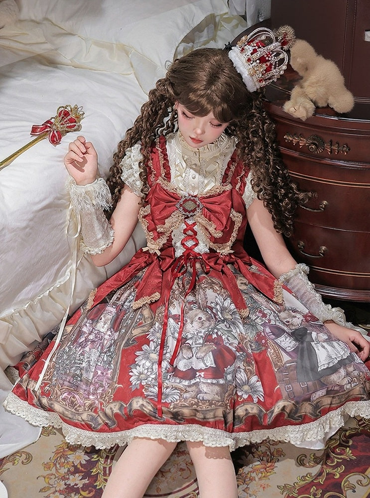 Floral Print Lolita Dress Set with Puff Sleeve Top - Unknown Star