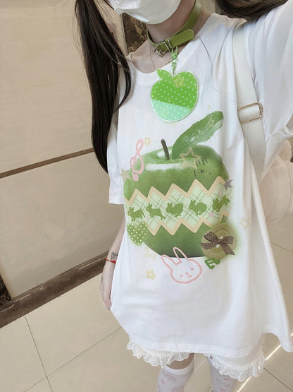 Green Apple Print White Round Neck Cotton T-Shirt Apple Choker Free with