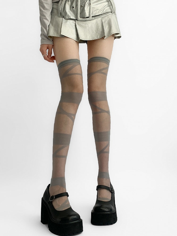 Y2K Overknee Grau/Weiß/Schwarz/Beige Strümpfe Crisscorss Banded