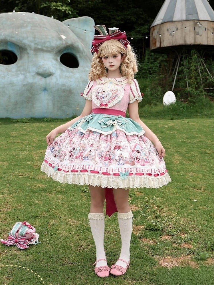 Pink & Green Alice Cat Vibes Heart-shaped Patch Sweet Lolita Dress with Apron Belt - Mewroco