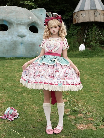 Pink & Green Alice Cat Vibes Heart-shaped Patch Sweet Lolita Dress with Apron Belt - Mewroco