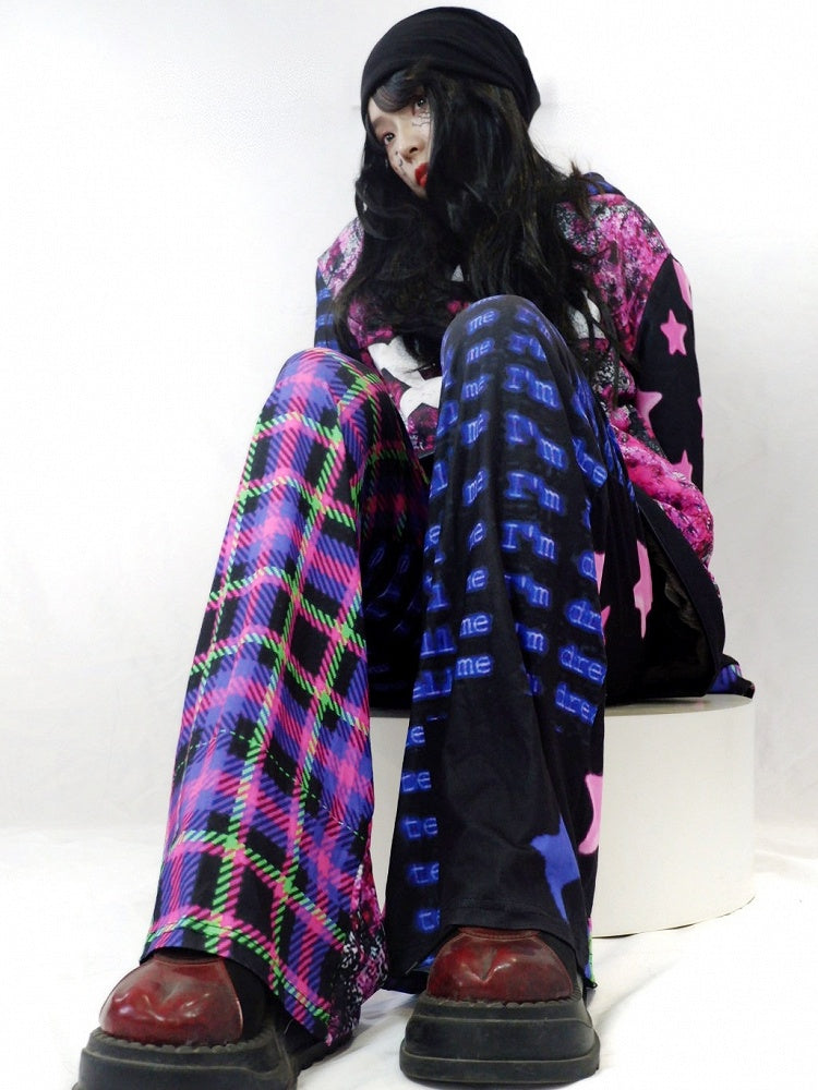 Pants Print Pattern Y2K Colorful Plaid And Wide-leg Skeleton Cut Star