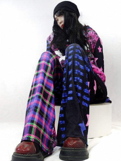Pants Print Pattern Y2K Colorful Plaid And Wide-leg Skeleton Cut Star