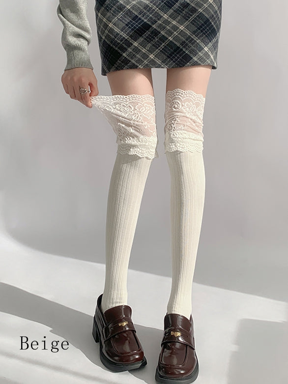 Spitzenstrümpfe mit Overknee-Besatz in Grau/Beige/Hellgrau/Weiß/Schwarz/Dunkel