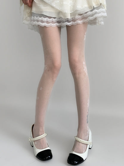 Camellia Pattern White Tights Creamy