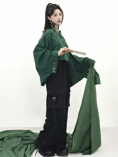 - Buttons Unisex Han Two-Piece Long Green Banded with Frog Lolita Sleeve Top Decorative Collar