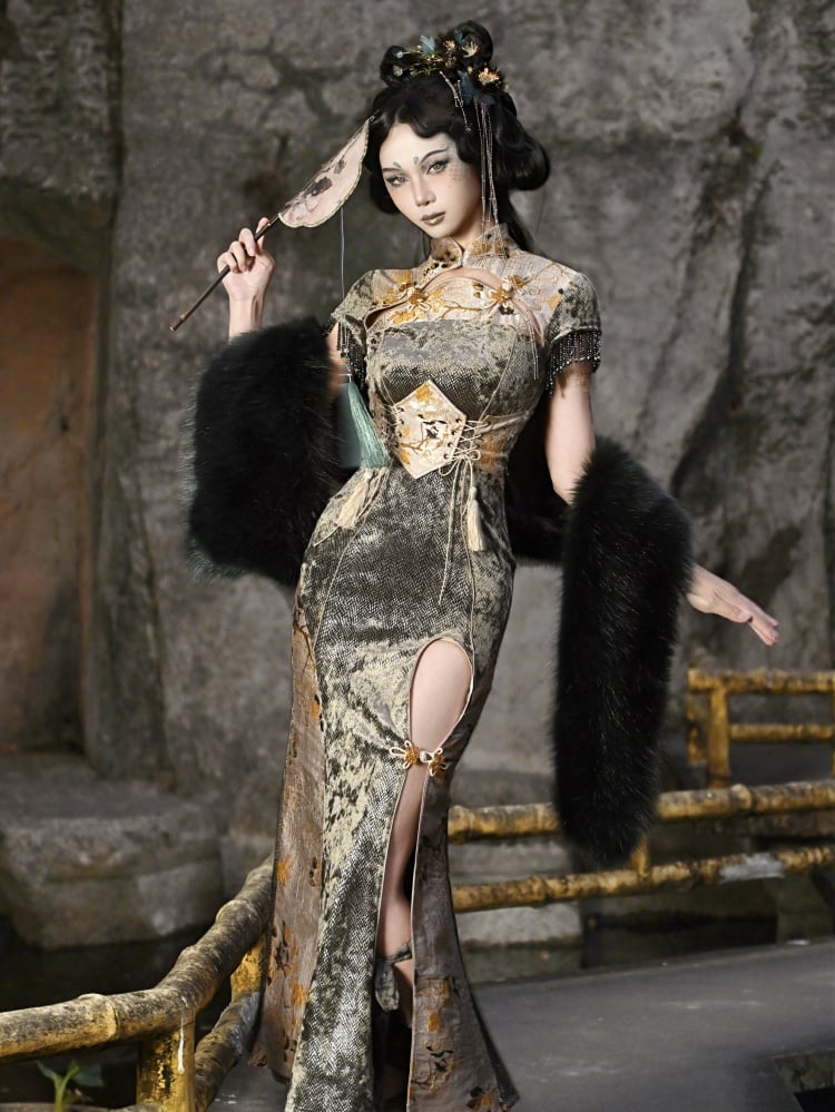 イエローのレースアップタッセルシノワズリコルセットベルト