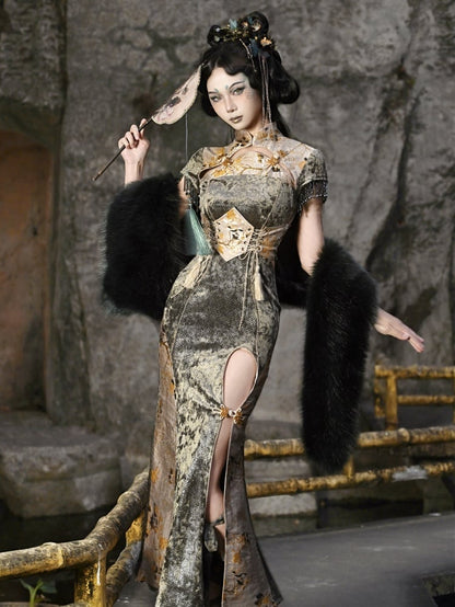 イエローのレースアップタッセルシノワズリコルセットベルト