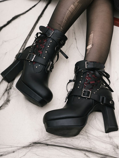 Gothic Lacing Crisscross Studded System PU Dual Black Fastening Boots Details - with High-heel Ankle