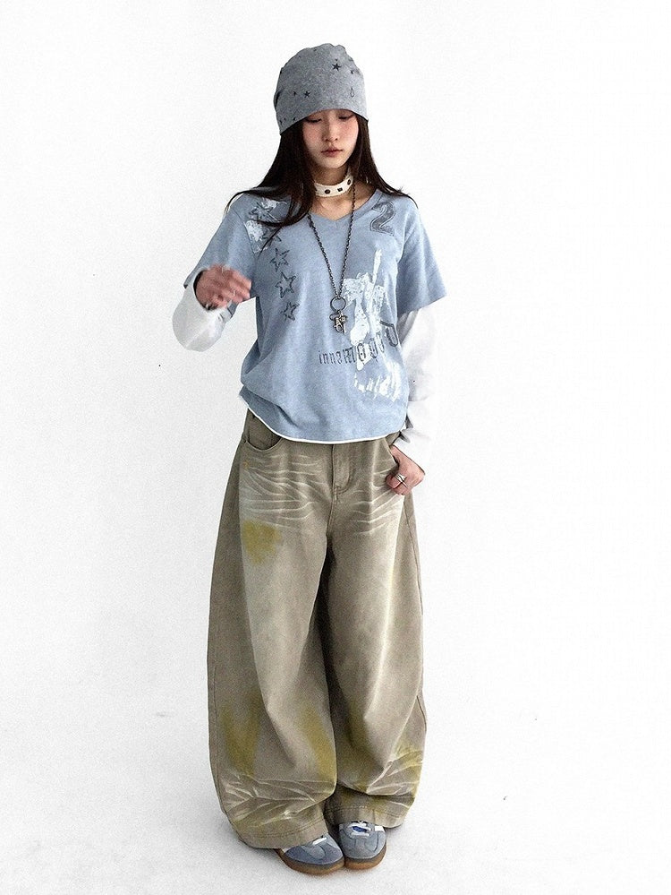 Washed Faded Light Yellow Wide-Leg Jeans with Graffiti Details