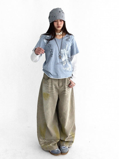 Washed Faded Light Yellow Wide-Leg Jeans with Graffiti Details