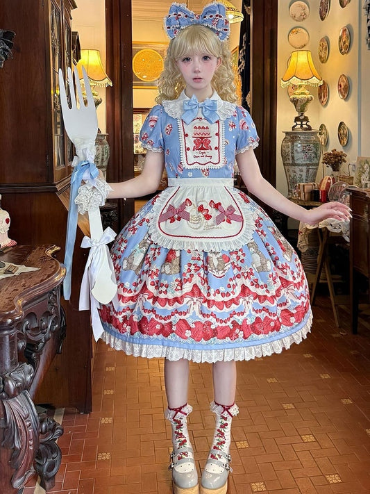 Cottagecore Strawberry and Bunny Print Blue Cake Country Lolita One Front Embroidery Piece Strawberry