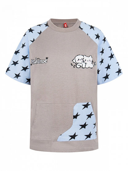 Gray Star Pattern Short Sleeve Top with Kitty Embroidery - Languid Park