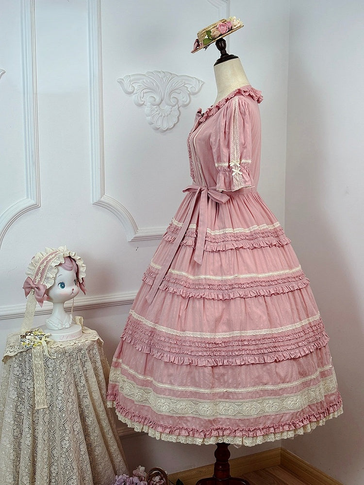 Pink Layered Ruffles Elegant Dress with Front Buttons - Miss Point