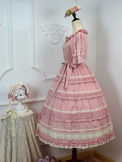 Pink Layered Ruffles Elegant Dress with Front Buttons - Miss Point