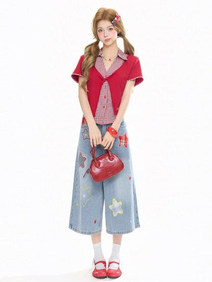 Cute Light Blue Cropped Wide-Leg Denim with Star Patches - Rayohopp