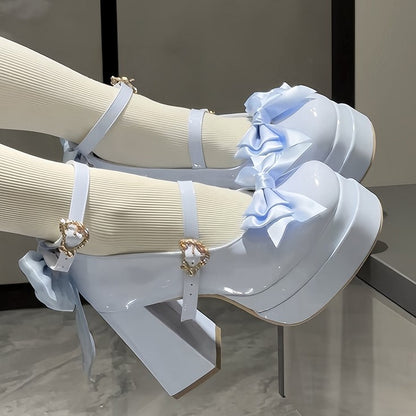 in Toe Lolita Sweet with Bow Platform Round - Detail PU Mary Blue Janes Sky