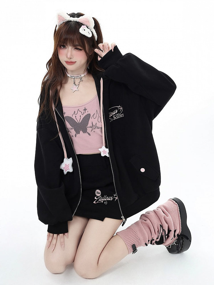 Black Hooded with and Charm Embroidered Jacket Star Drawstrings Chest Lettering