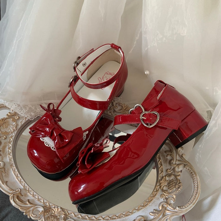 Polished Red Sweet Lolita Ballet Low Heels - Heart Snap with Scalloped Edge & Ankle Ribbon