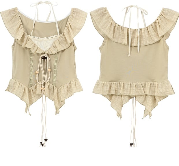 フラッタースリーブ、セルフタイビーズストラップ、ライトヘム、カーブグリーンホルタートップ