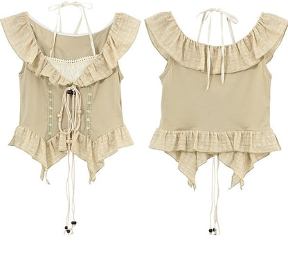 フラッタースリーブ、セルフタイビーズストラップ、ライトヘム、カーブグリーンホルタートップ