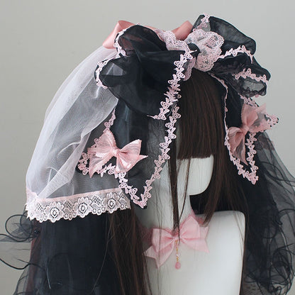 黒とピンクの蝶結びレーストリムKC、ベール付き