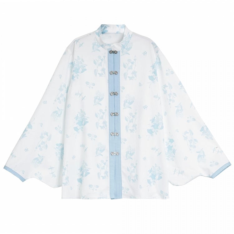 白い花柄のバンドカラー、ノットボタンスタイルのロココ調ブルーのチャイナドレスブラウス