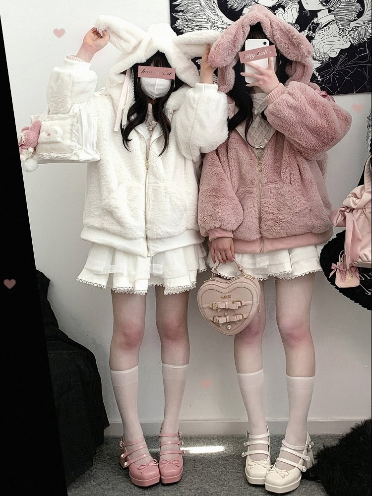 自来也 ピンク バニー耳 フード 地雷風 ぬいぐるみ ジップパーカー