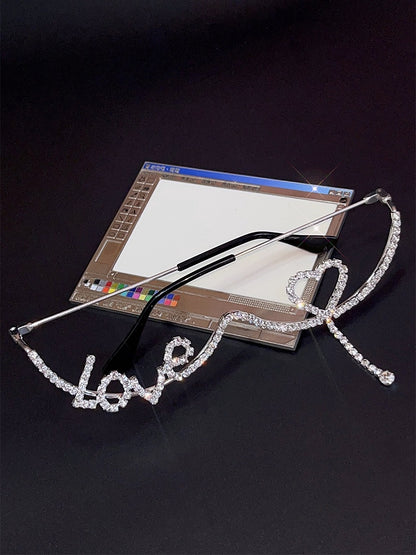 And Rhinestone Frame Eyeglasses Silver Heart Punk Letter Dcorated
