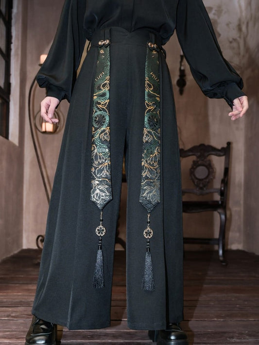 Gothic Wide-Leg Cheongsam Pants with Black Ribbons Detachable Green + Snake Tassels