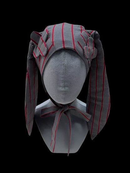 Red Chin Striped Strap Hat Ear Bunny with Grey