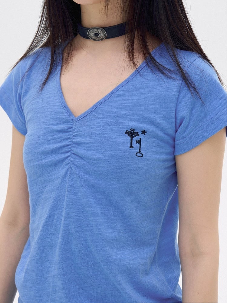 Sky Blue Cotton V-Neck Tee with Key Embroidery - innomoood