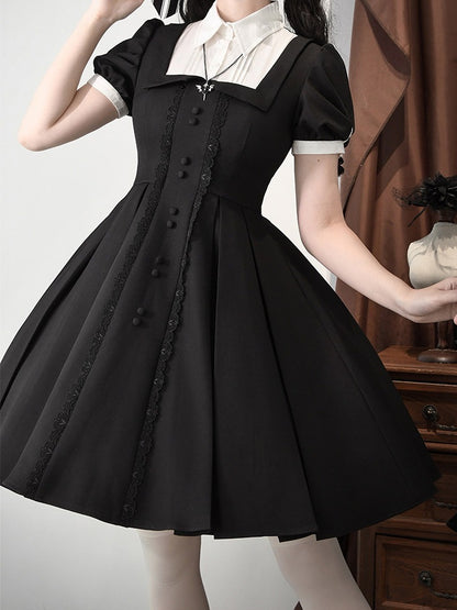 Two-pieces OP Lolita Black Dress Sleeves Design White Short Fake