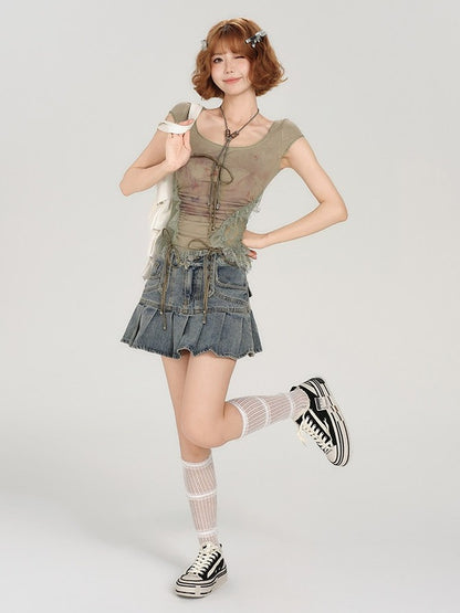 Green Lace Patchwork Short Sleeve Tee - Girlyhalo