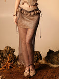 Brown Bodycon Skirt with Mesh Overlay and Belt - Virtual Orbit
