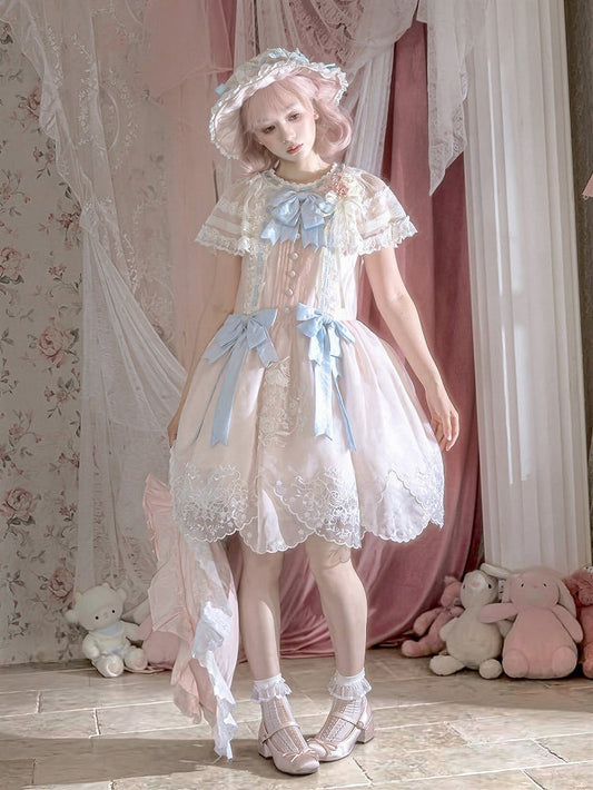Pink Flutter Sleeve Lolita Dress with Bows and Scallop Trim