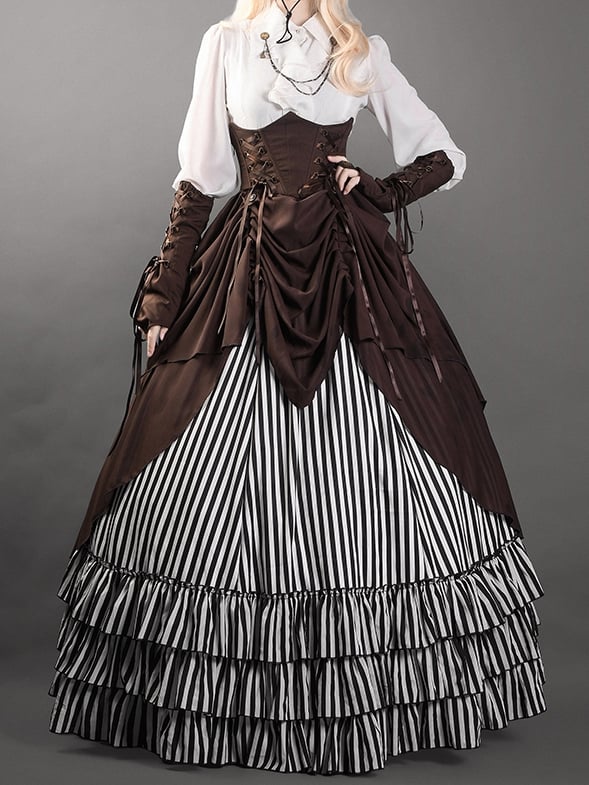 Black and White Striped Tiered Hemlline Steampunk Lolita Skirt