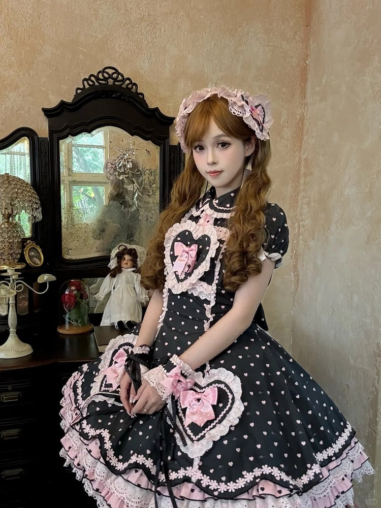 Heart Sweetheart Applique Lolita Sweet Dot Pink Dress Bow Accents Black with Polka