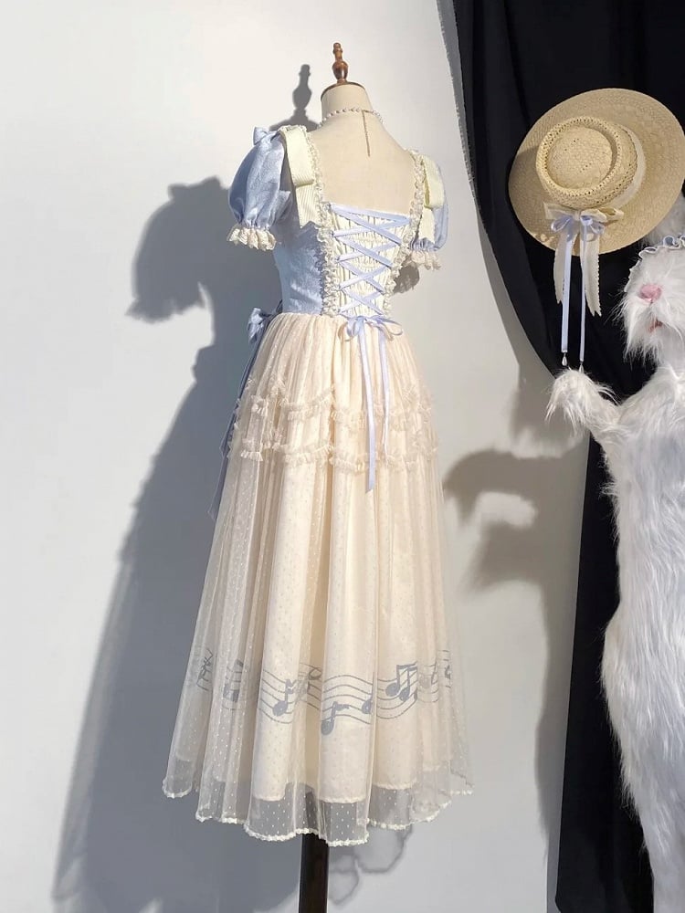 Dress Blue Version Print Lolita Elegant Note Beige Lace Violin Classic with Embroidery Long Musical