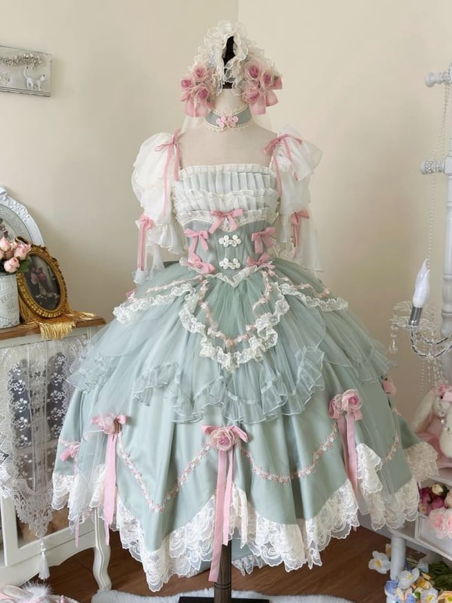 Green Basque Waist Floral Bowknots Hanayome Lolita OP / Full Set