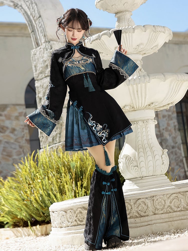 Black Cyan Asymmetrical Hem Han Lolita Jumper Skirt - Unknown Star