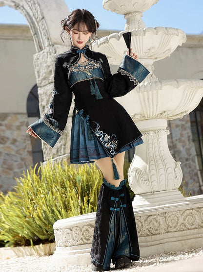 Black Cyan Asymmetrical Hem Han Lolita Jumper Skirt - Unknown Star