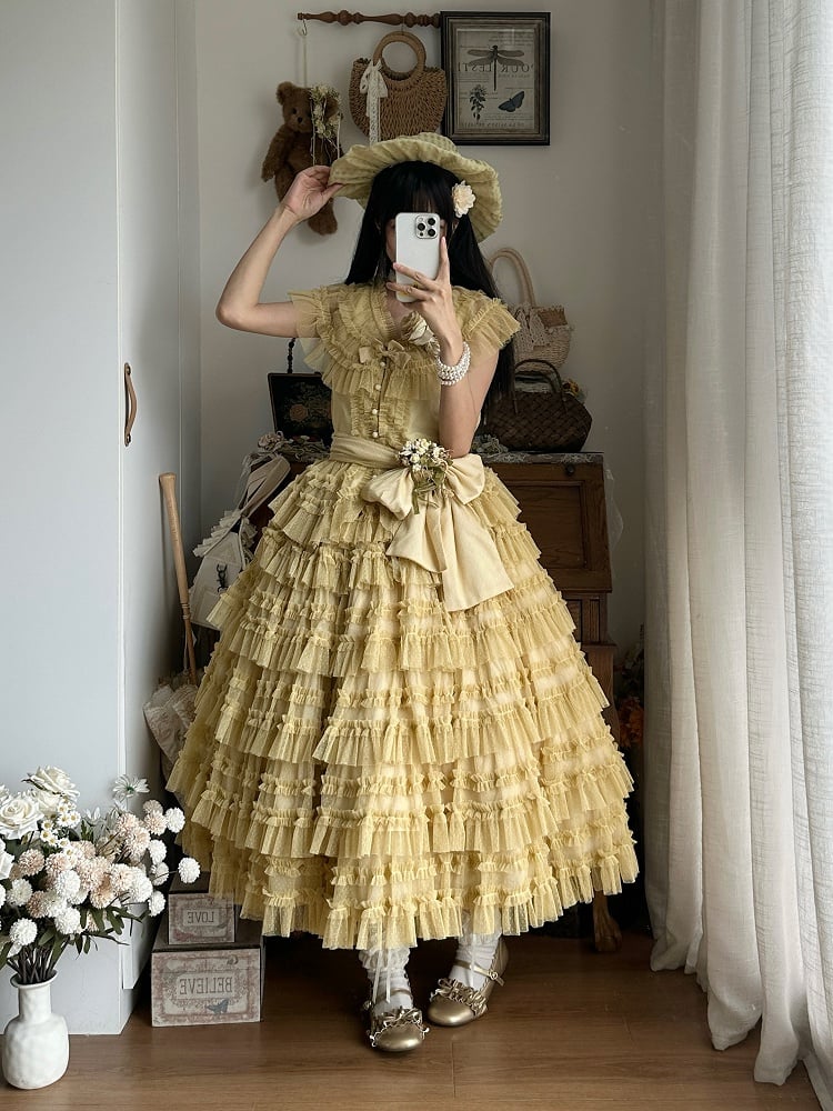Belt Tulle Yellow Mesh Waist Set - Elegant Skirt + Lolita Vest Cotton Dotted Multi-layered Classic