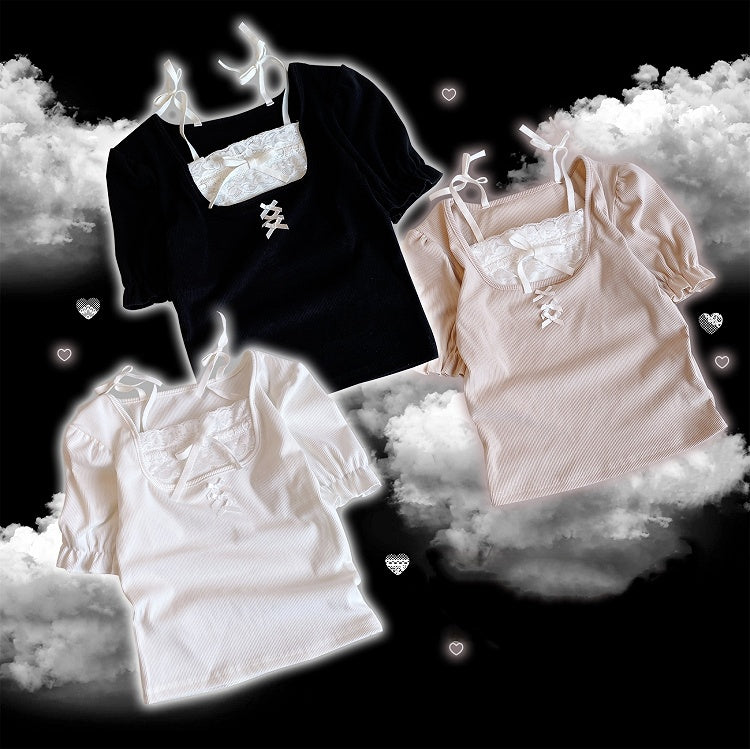 Puff Sleeves Blouse Details Pink/White/Black Lace Trim Jirai Kei Bowknot